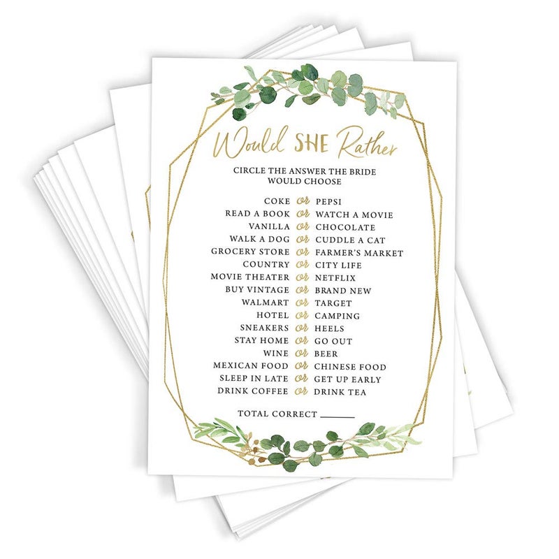 Printed Party Bridal Shower Games â€“ Would She Rather Game with Fun Bride-to-Be Trivia, Wedding Shower Activity, Botanical Greenery Theme, 50 Guests - Image 1